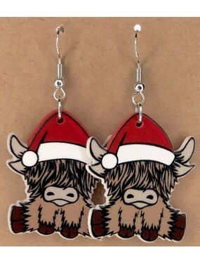 Festive Highland Cow Earrings - Red and Brown Christmas Fashion Jewelry